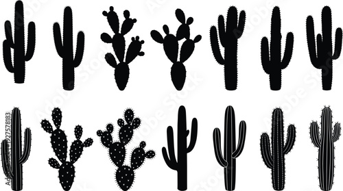 Black cactus silhouette vector set, desert succulent plant collection with saguaro and prickly pear, southwestern nature isolated on white background,