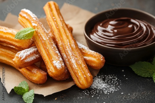 selective focus close-up of freshly made churros coated with sugar served with chocolate dip
