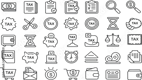 Tax and Finance Icon Set Featuring Invoice, Money, Bank, Audit, Clock, Balance Scale and Payment Symbols Line Vector Collection