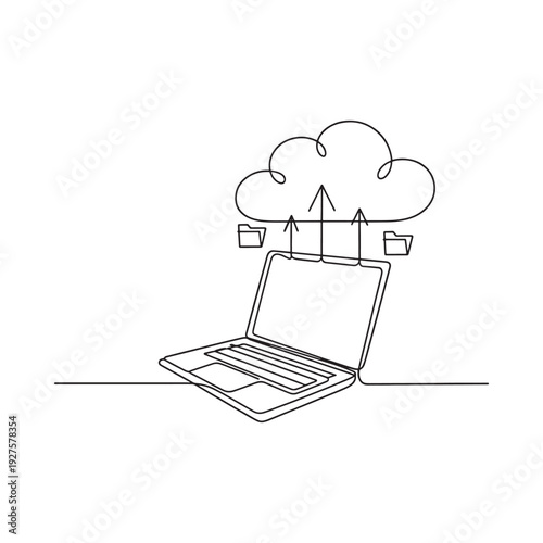 A minimalist line drawing depicts data uploading from a laptop to a cloud storage system high quality
