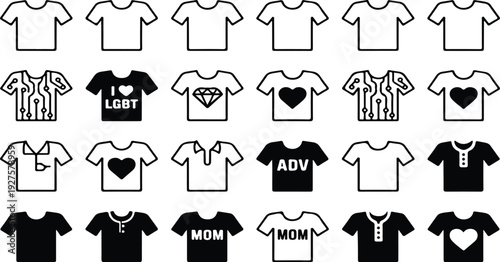 T Shirt Design Icon Set Featuring Graphic Tees, Pride Shirt, Heart Print, Cannabis Leaf and Slogan Apparel Vector Collection