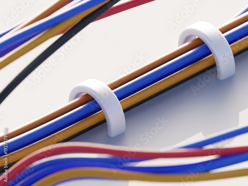 Cuadro en lienzo 3D illustration of organized multicolor cables secured with clips, symbolizing network management, electrical installation, and structured wiring systems