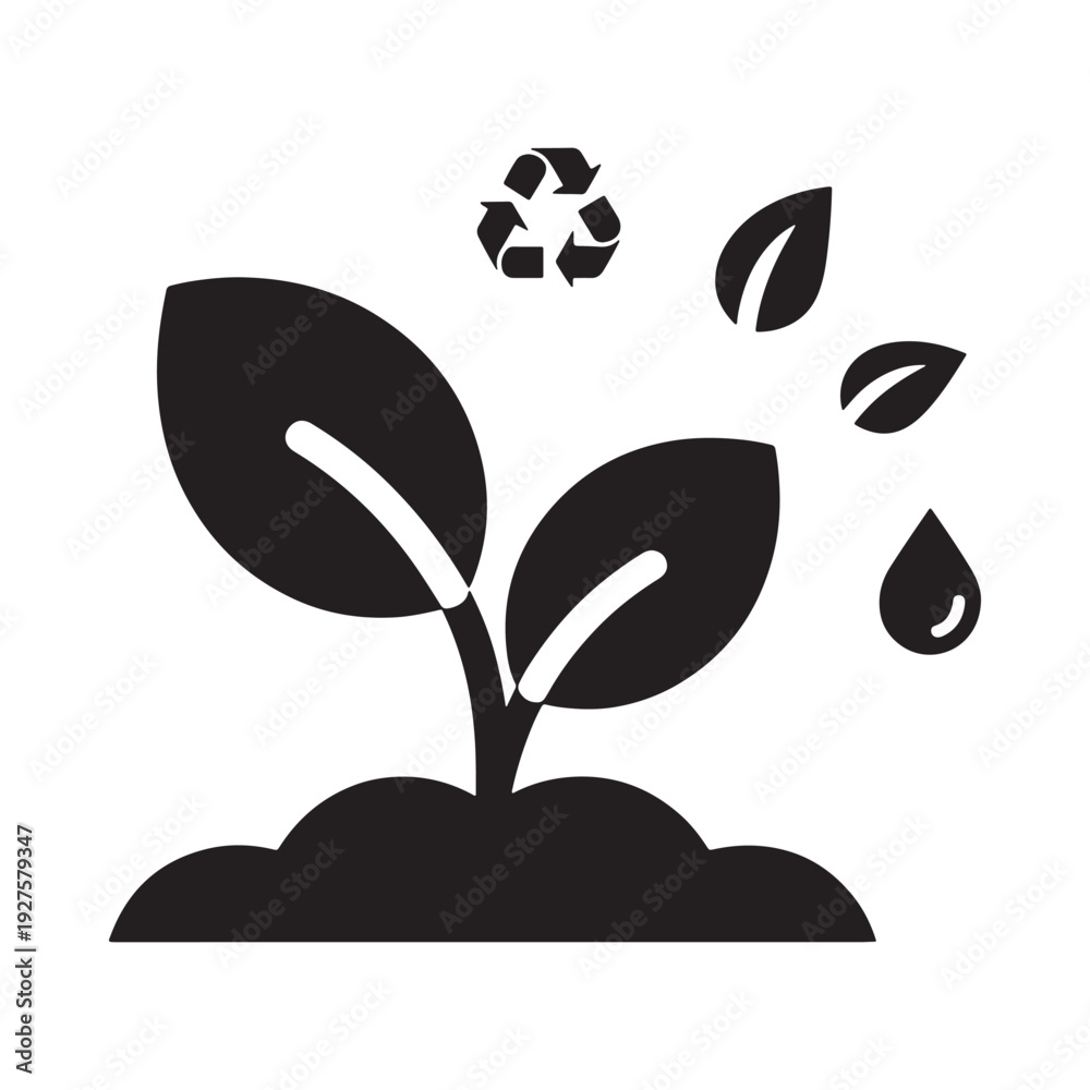 Fototapeta premium A simple black and white icon depicting a growing plant sprout with recycling symbols above it