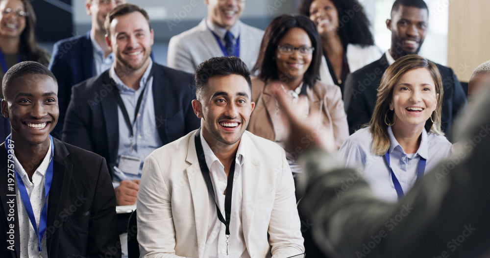 Fototapeta premium Presentation, seminar and laugh with business people for conference, training and meeting. Corporate audience, discussion and worker in workshop, convention and comedy with financial coach for team
