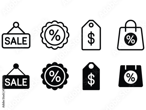 Sale discount and price tag line icons set with shopping and promotion symbols