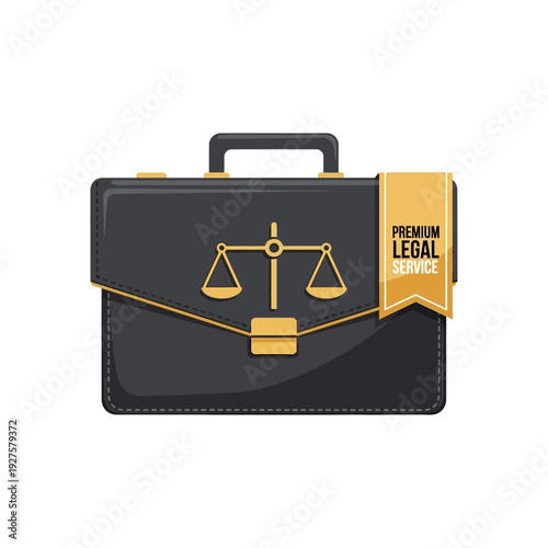 Vector illustration of black briefcase with law scales and premium legal service banner