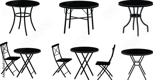 Round table and folding chair silhouette set, cafe furniture collection isolated on white background for interior design
