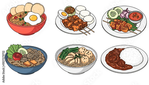 Indonesian Traditional Food Collection Set Nasi Goreng Satay Bakso Rendang