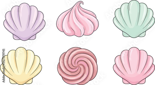 Pastel seashell and cream swirl illustration set, colorful decorative shell shapes isolated on light background for summer design, beach branding, packaging and cute marine graphics