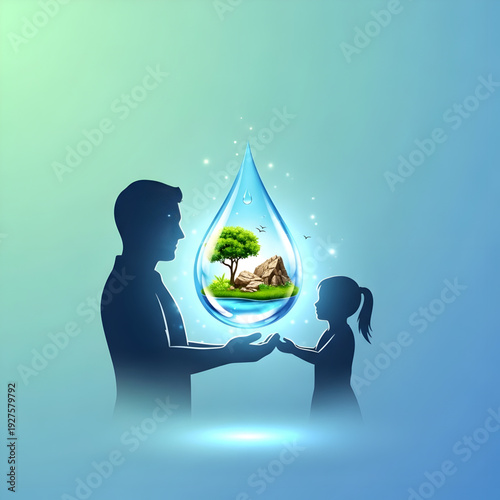Father and Daughter Holding Water Drop with Nature Inside – Environmental Protection Concept