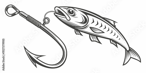 A detailed illustration of a fish on a hook, showcasing intricate scales and lifelike features. Vector