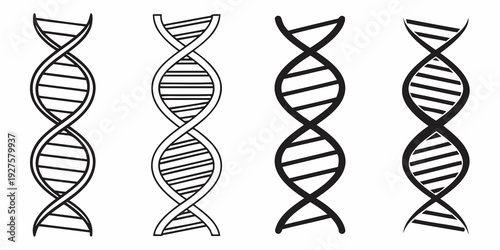 Four distinct illustrations of double helix dna structures with varying degrees of detail and complexity. Vector