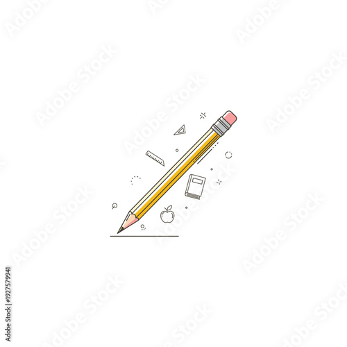 Yellow Graphite Pencil with Eraser and Stationery Icons Illustration