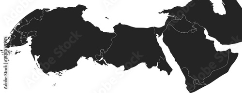 Russia and Middle East map silhouette, detailed geographic borders and country outlines, black vector illustration isolated on white background