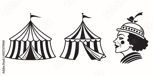 Vintage circus tents and a clown face illustration on a white background Vector