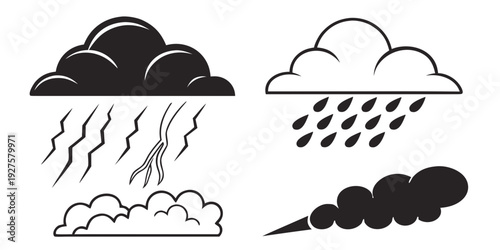 Illustrations of various weather conditions with clouds and precipitation. Vector