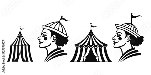Three performers in circus tents with striped patterns and hats Vector