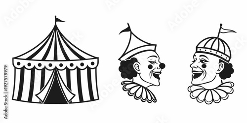 Circus performers and tent illustration with various expressions and costumes Vector