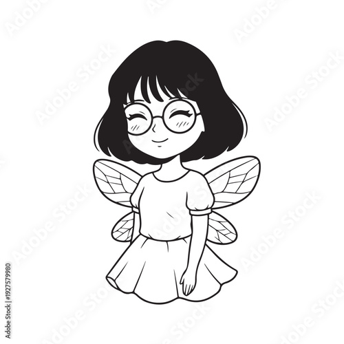 Cute Little Girl with Glasses Dressed as a Fairy Line Art Illustration
