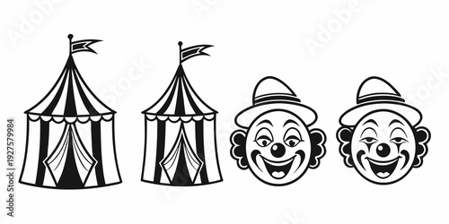 A whimsical illustration of circus tents and clown faces in a playful arrangement. Vector