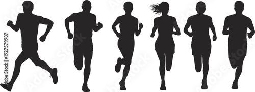 Running people silhouettes set, men and women jogging athletes isolated on white background fitness and marathon illustration collection
