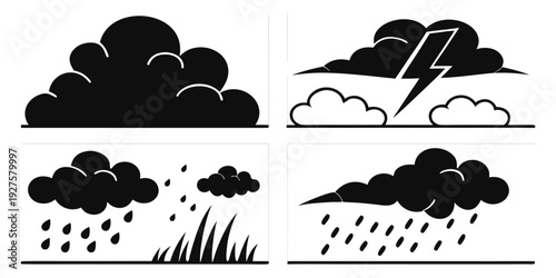 Four distinct weather conditions depicted in a single image with rain, clouds, and lightning. Vector