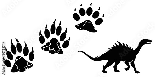 Diverse animal footprints and a dinosaur silhouette against a white background. Vector