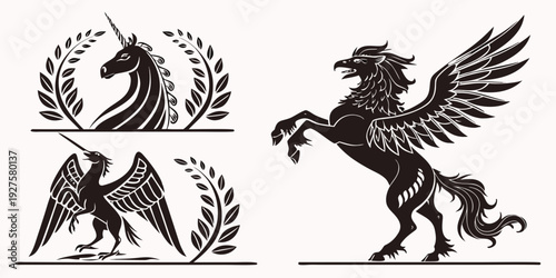 A majestic depiction of two winged horses with intricate details and ornate designs. Vector