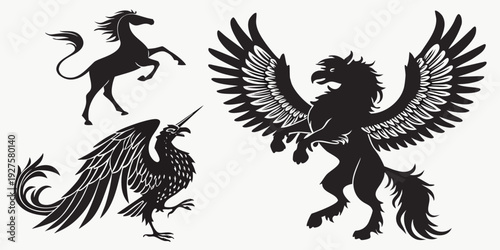 A majestic display of mythical creatures in a symmetrical arrangement. Vector