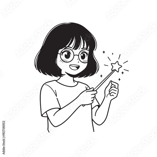 Cute Girl with Glasses Holding Magic Star Wand Line Art Illustration