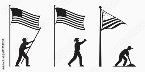 A person progressively raising an american flag in three stages Vector