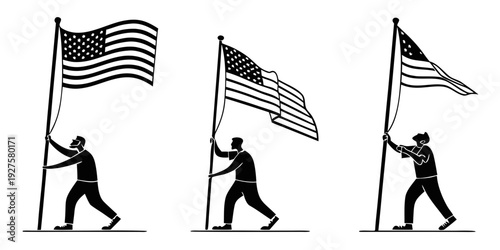 Three individuals carrying an american flag in a line during a march. Vector