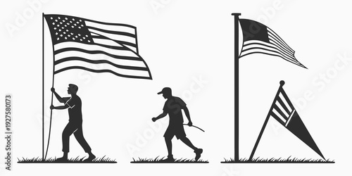 Two individuals holding flags, one of which is a flag at half mast. Vector