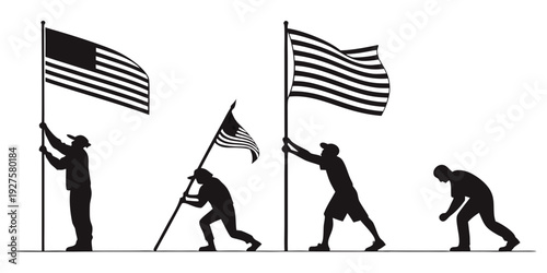 People holding flags in various poses and formations in a black and white illustration Vector