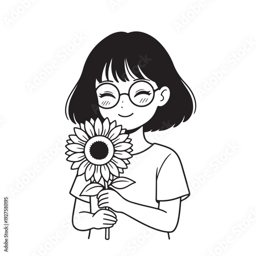 Cute Girl with Glasses Holding a Sunflower Line Art Illustration