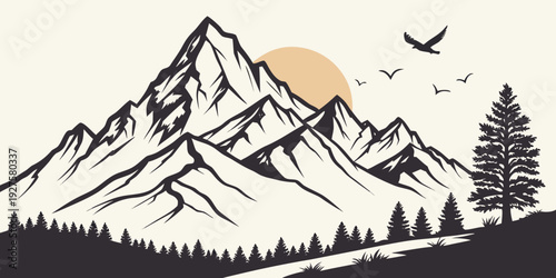 Majestic mountains with snow peaks and flying birds under a blue sky Vector