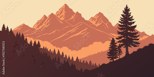 A majestic mountain range with a serene forest at its base during sunset Vector