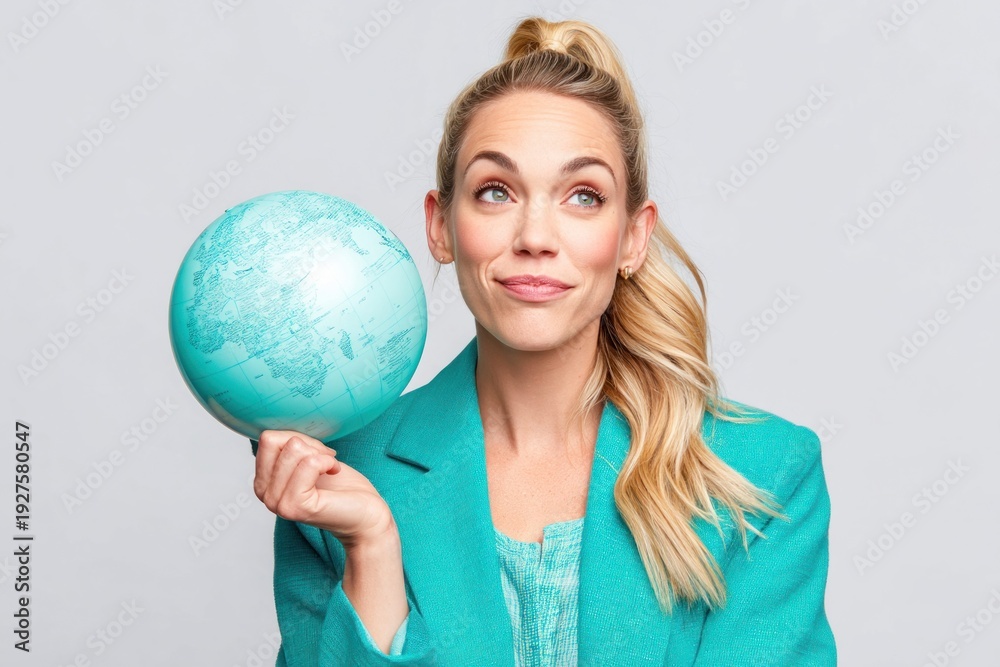 Fototapeta premium A thoughtful woman holding a globe, looking upwards with a pensive expression.