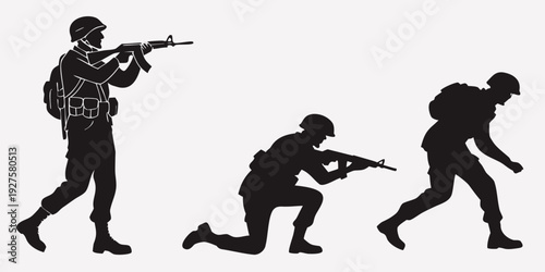 Three soldiers in combat positions with rifles ready for action Vector