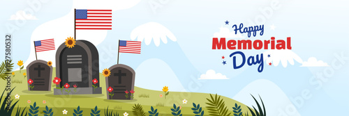 memorial day banner with graves flags and mountain landscape in background