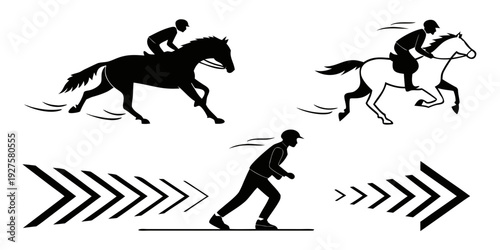 A dynamic scene of various athletes and horses in motion with arrows indicating direction Vector