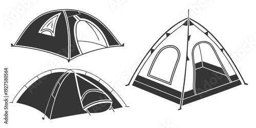 Three different types of tents displayed in a row, showcasing various designs and structures. Vector