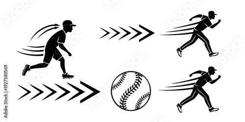 Baseball players running towards a baseball with arrows indicating direction Vector