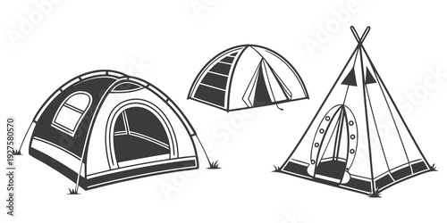 Three different types of tents set up in a row on a campsite Vector