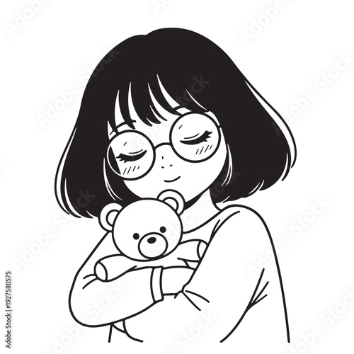Cute Girl Hugging Teddy Bear Sleeping Peacefully Coloring Page Illustration