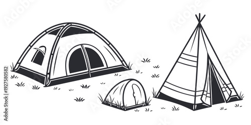Three different types of camping tents displayed with their features Vector