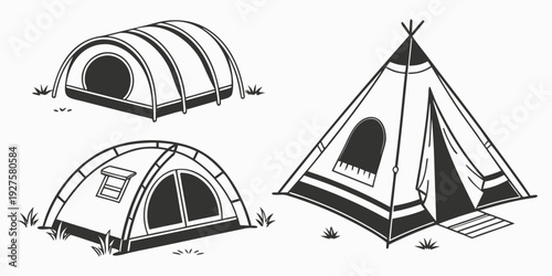 Three different types of tents set up in a row, showcasing various designs and sizes. Vector