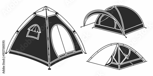 Three different types of tents set up in an outdoor environment. Vector