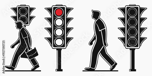Pedestrians and traffic lights in an urban setting with a red light signal Vector
