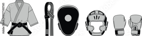 Martial arts equipment, karate gi, black belt, boxing gloves, focus mitt, protective headgear, combat gear, training tools, martial discipline, flavector